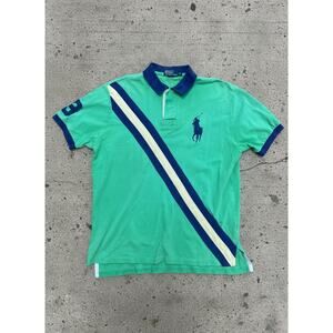 Vintage Ralph Lauren “Diagonal Stripe” Big Pony Polo — Green/Navy (XL, 2000s)